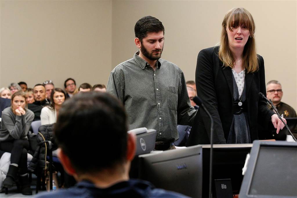 Image: Victim Jennifer Bedford speaks to Larry Nassar, a former team USA Gymnastics doctor who pleaded guilty in November 2017 to sexual assault charges, during his sentencing hearing in Lansing, Michigan
